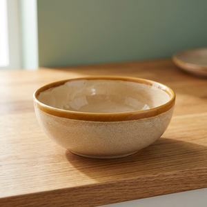 Juego de Vajilla de Porcelana de 4 Piezas, Diseño Redondo Wabi Sabi, Esmalte Craquelado, Pintado a Mano, Apto para Lavavajillas, Uso Diario, Borde Beige Marrón - Product Image 1
