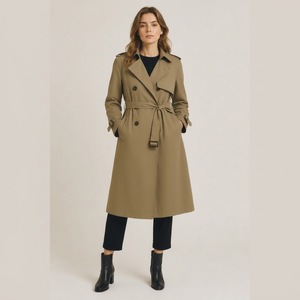 Manteau Trench Élégant pour Femme, Double Boutonnage, Long, Beige, en Coton et Polyester Tissé, Ceinturé, Hiver, Imperméable, Coupe-Vent, Manches Longues - Product Image 1