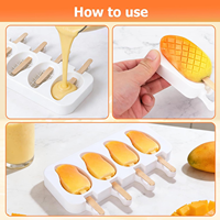Moules à sucettes glacées en silicone en forme de mangue - 4 cavités 3D pour glaces à la mangue avec 50 bâtonnets en bois pour sucettes glacées et poudings aux fruits