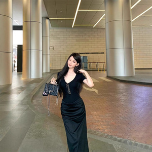 Korean Style V Neck Pleated Waist Bodycon Dress Black Elegant Cocktail Dress Women Summer Solid Color Fashion Dress - Product Image 4