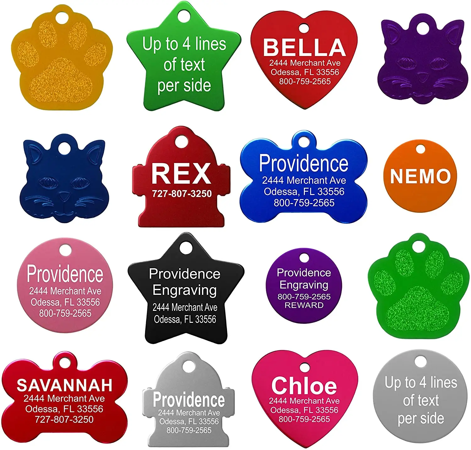 Small or Large Personalized Anodized Aluminum Pet ID Tags in Bone, Round, Star, Heart, Hydrant, Dog Tags and Cat Tags