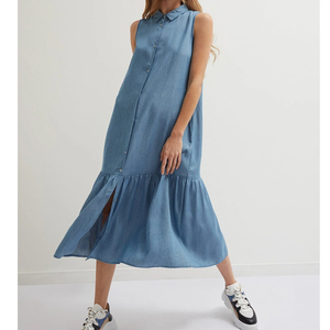 <span class=keywords><strong>2022</strong></span> <span class=keywords><strong>verano</strong></span> sin mangas mujeres <span class=keywords><strong>vestidos</strong></span> casuales pantalones <span class=keywords><strong>vaqueros</strong></span> largos vestido Midi cuello extendido botón frontal aunque volante dobladillo vestido de mezclilla - Product Image 4