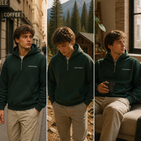 Sweat-shirt personnalisé en molleton épais pour homme, à demi-zip, épaules tombantes, poche kangourou, coupe oversize, vert, style streetwear