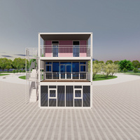 Maison-conteneur rose moderne et éco-chic à 3 niveaux pour les entreprises, espace de travail commercial tendance, façade en verre, terrasse paysagée