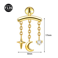 Vente en gros : Pendentif chaîne en titane G23, zircon étoile, lune, planète, style luxe léger et raffiné, et piercing de lèvre à base plate à filetage interne