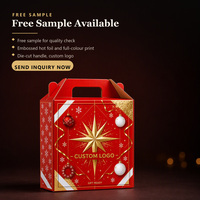 Boîte cadeau de Noël en papier rouge et or personnalisée avec poignée et ruban doré pour cadeaux d'entreprise de Noël
