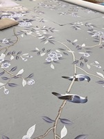 Papiers peints de luxe en soie véritable, broderie partielle d'oiseaux pour décoration intérieure
