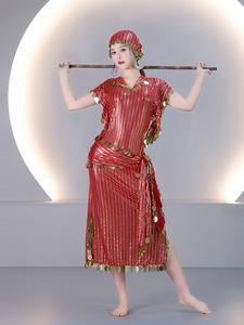 Abito da Danza del Ventre in Stile Egiziano con Paillettes e Strisce in Lamina d'Oro, in Seta/Cotone per Donne Adulte |   Costume di Carnevale Ispirato a Cleopatra - Product Image 5