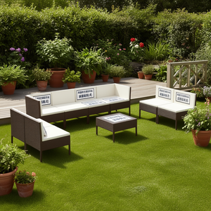Ensemble de salon de jardin en rotin brun et blanc crème, mobilier d'extérieur 6 places, design contemporain - Product Image 2