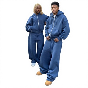 Ensemble de survêtement unisexe personnalisé respirant en polyester/coton épais 380g pour l'automne – Hoodie zippé oversize et pantalon de survêtement à jambes larges - Product Image 4