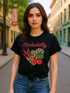 T-shirt stampata rockabilly a maniche corte da donna taglie forti, con design leopardato a cuore e ciliegia, top casual primavera estate - Product Image 2