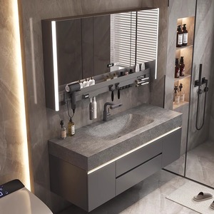 Gray slate floating bathroom vanity with integrated sink LED smart cosmetic <b>mirror</b> storage <b>wall</b> cabinet - Product Image 3
