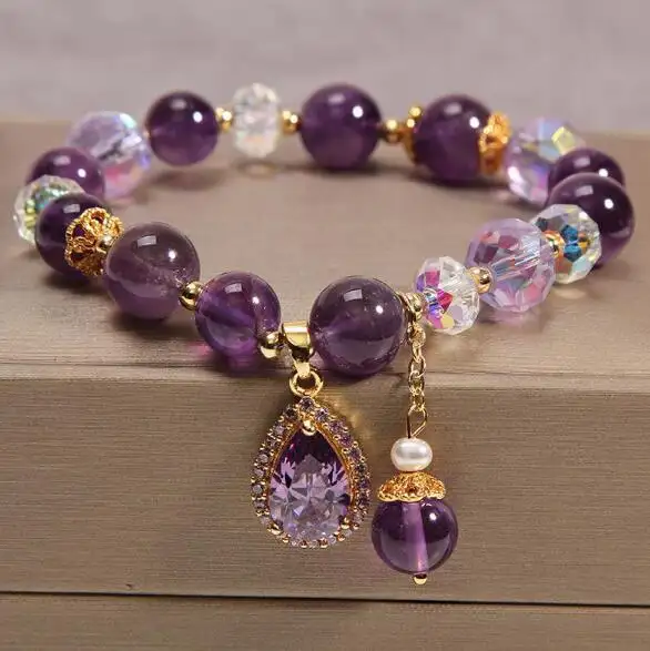 Оптовая продажа, популярный браслет с фиолетовыми бусинами и кристаллами, женский браслет для девочек