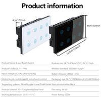 Interruptor de Luz Táctil Inteligente WiFi Tuya de 8 Canales con Panel de Vidrio Tipo Brasil y Monitoreo de Energía