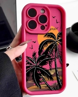 Coque de Téléphone Souple en TPU Motif Coucher de Soleil Cocotiers pour iPhone 17 16 15 14 11 Pro Max XS XR 7 8 Plus SE 2020 Anti-Choc Couleur Bonbon