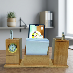 Bamboo <b>Desk</b> Organizer With Clock <b>Phone</b> Stand And Pen <b>Holder</b> Multifunction Office Gift Simple Style - Product Image 3