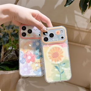 Women IMD Flower Magnetic Phone case for iPhone 17 16 15 14 Pro Max Gilded Sunflower Love <b>Rainbow</b> Glitter bling back Cover girls - Product Image 2