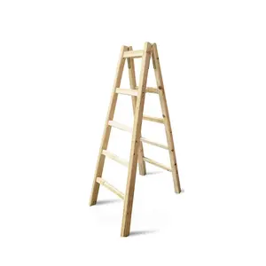 BRT-1061, Aangepaste Solid Wood Building Eenvoudige Sterke Ladders Met Natuur Hout Kleur Dubbele Ladder Staande Ladders