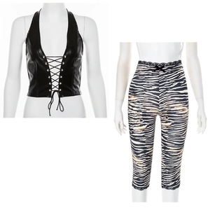 Completo donna senza maniche a schiena nuda con lacci top in pelle sintetica + <span class=keywords><strong>pantaloni</strong></span> corti Skinny <span class=keywords><strong>leopardati</strong></span> Sexy 2 pezzi - Product Image 3