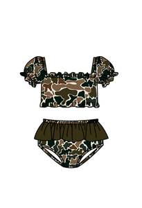 S0760 Maillot de bain personnalisé pour petite fille active, imprimé camouflage vert, vente en gros, ensemble 2 pièces à manches courtes - Product Image 6