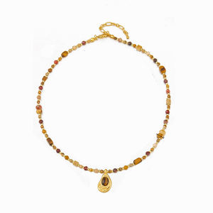 สร้อยคอทำมือประดับด้วยหินแจสเปอร์ลายภาพธรรมชาติ หินไทเกอร์อายสีไข่แดง  ชุบทอง 14K สำหรับทุกเพศ ยี่ห้อ <span class=keywords><strong>JoJo</strong></span> Jewelry สไตล์โบฮีเมียน เหมาะสำหรับงานปาร์ตี้ - Product Image 1