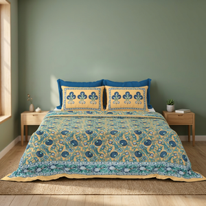 Parure de lit en coton imprimé bleu et jaune, style chic, avec 2 taies d'oreiller, fabrication artisanale indienne de Jaipur - Product Image 1