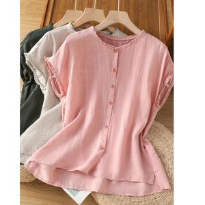 Pink Cotton Linen Blouse Women Short Sleeve Button Front Vintage Style Everyday Shirt - Product Image 4