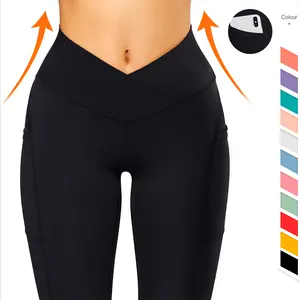Custom Logo Workout Wear Gym Fitness Non See Through Yoga Pants Crossover Waist V Cut Women Scrunch Butt Leggings With Pockets