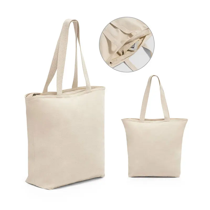 Custom Design Natural Color plain Cotton Canvas Tote Bag With Zipper