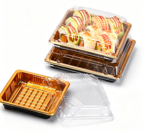 Vente directe d'usine, boîte à <span class=keywords><strong>sushi</strong></span> et sandwich carrée durable de qualité supérieure en PET de qualité alimentaire avec couvercle, feuille d'or - Product Image 4