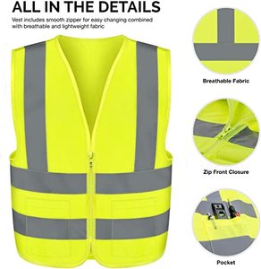 Alta visibilità verde giallo poliestere chiusura con cerniera 2 pollici argento strisce riflettenti traffico notte avvertenza gilet di sicurezza - Product Image 2
