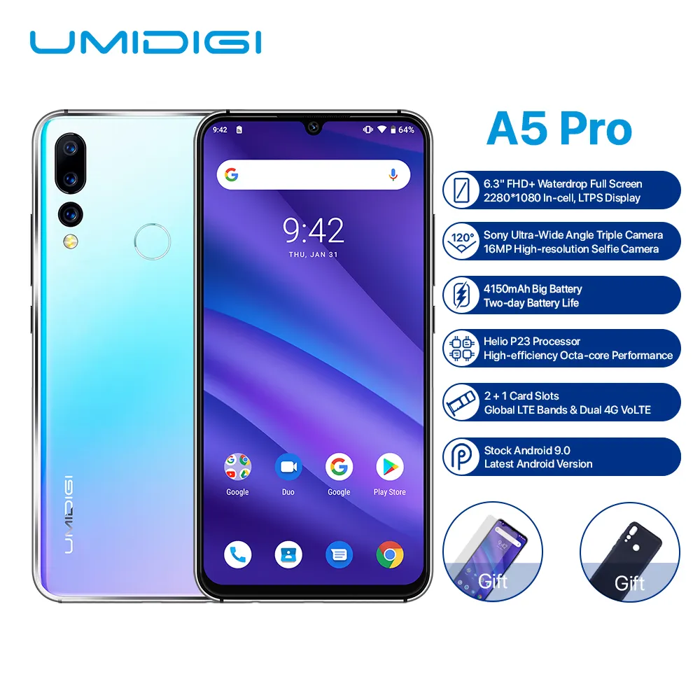 A5 Pro Android 9.0 Octa çekirdek 6.3 "cep telefonu 16MP üçlü kamera 4150mAh 4 + 32GB global LTE 4G parmak izi Smartphone