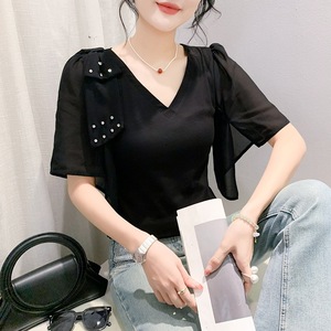 Nouvelle Collection Été – T-<span class=keywords><strong>shirt</strong></span> <span class=keywords><strong>Chic</strong></span> et Tendance à Manches Mi-Longues Évasées et Col en V, en Mousseline de Soie, Modèle Polyvalent pour <span class=keywords><strong>Femme</strong></span> - Product Image 3