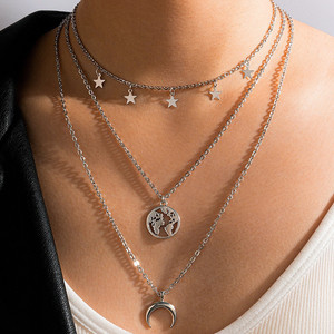 Collares de Moda <span class=keywords><strong>con</strong></span> Colgante de <span class=keywords><strong>Mapa</strong></span> de Estrellas y Luna, Cadenas de Clavícula Multicapa para Mujer, Joyería - Product Image 3