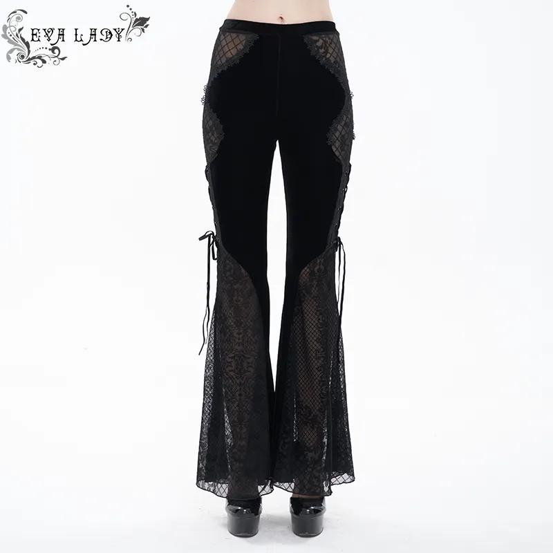 EPT009 stage performance wear see-through side laced up velvet flared black sexy women gothic trousers with ribbons