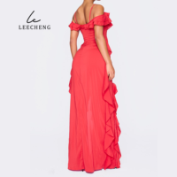 Robe de plage en mousseline de soie rouge rose sur mesure Bretelles à manches courtes en dentelle coupe-taille fente ludique longueur au sol Design taille naturelle