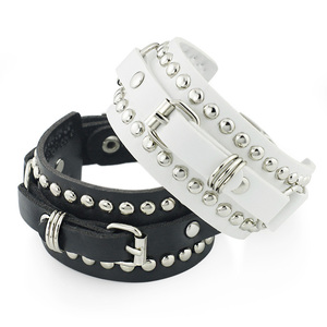 Punk Studded Cuff Bracelets Set Of 2 - Adjustable, Black & White, Goth Rock Wristbands - View #6