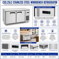 Réfrigérateur de travail commercial en acier inoxydable CE0.25L2, 2 portes, refroidisseur sous comptoir pour cuisine de restaurant