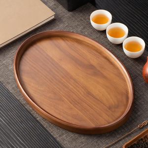 Plateau à thé rond en bambou couleur noyer, plateau de service moderne et simple pour cérémonie du thé - Product Image 1