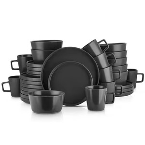 Lot de 16 pièces de vaisselle en céramique à <span class=keywords><strong>motif</strong></span> uni, comprenant tasses, 4 assiettes noires et bols, design classique, résistant aux rayures, compatible lave-vaisselle - Product Image 1