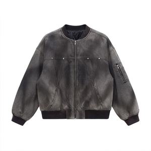 Chaqueta Bomber Unisex de Mezclilla Gris Lavada, Estilo Retro, con Cierre Completo, Detalles de Remaches Metálicos, Bolsillo Lateral con Cremallera, Estilo Urbano - Product Image 1