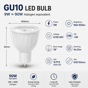 Spot LED GU10 9W AC100-265V 900LM 100LM/W Angle de faisceau de 60 degrés CRI80 2700K/3500K/4100K/6000K 15000H Downlight encastré - Product Image 5