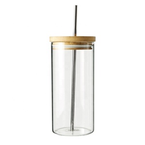 Bouteille en verre de 700 ml. Bouteille d'eau en verre avec mike / thé / café à large bouche avec plateau en bambou et paille ré - Product Image 3