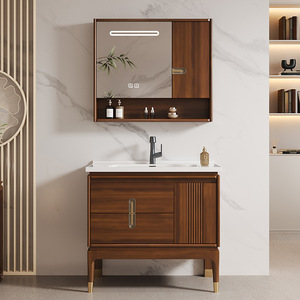 New Chinese-Style Wenge Wood Bathroom Vanity Integrated Ceramic Sink Vintage Washbasin <b>Cabinet</b> 3-Year Warranty LED Mirror - Product Image 2