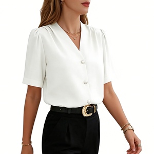 Chemisier pour femme, col en V, boutons perlés, manches courtes bouffantes, haut de bureau, chemise tendance - Product Image 2