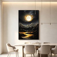 Décoration Murale en Cristal Paysage Montagne Noire Dorée Sous la Lune, Peinture Murale Paysagère de Haute Qualité avec Cadre Personnalisé