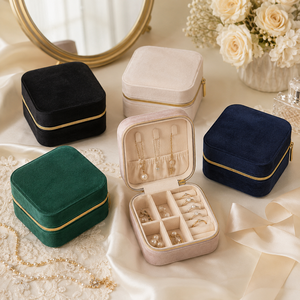 Hotsale Premium Vintage Square Carton Packaging Golden Zipper Velvet Jewelry <b>Box</b> Classified Slots for Necklace Chain Ring - Product Image 4