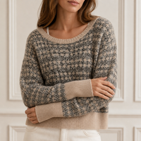 Pull en maille col rond personnalisé pour femme, couleur avoine et noir, jacquard géométrique, épaules tombantes, usine OEM ODM