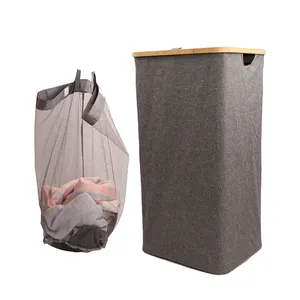 98L Bamboo Laundry Hamper With Lid Handle Water-proof Dirty Clothes Basket For Bedroom Bathroom Collapsible Large Baskets