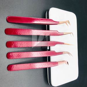 Pinzas de extensión de pestañas de acero inoxidable con logotipo personalizado profesional de alta calidad, Punta puntiaguda de oro rosa rojo, tipo de fibra de volumen - Product Image 1